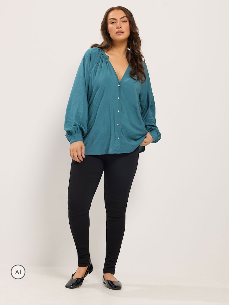 Yours Curve Blue Sleeve Overhead Long Sleeve Blouse - Image 2 of 6 Yours Curve Blue Sleeve Overhead Long Sleeve Blouse - Image 2 of 6
