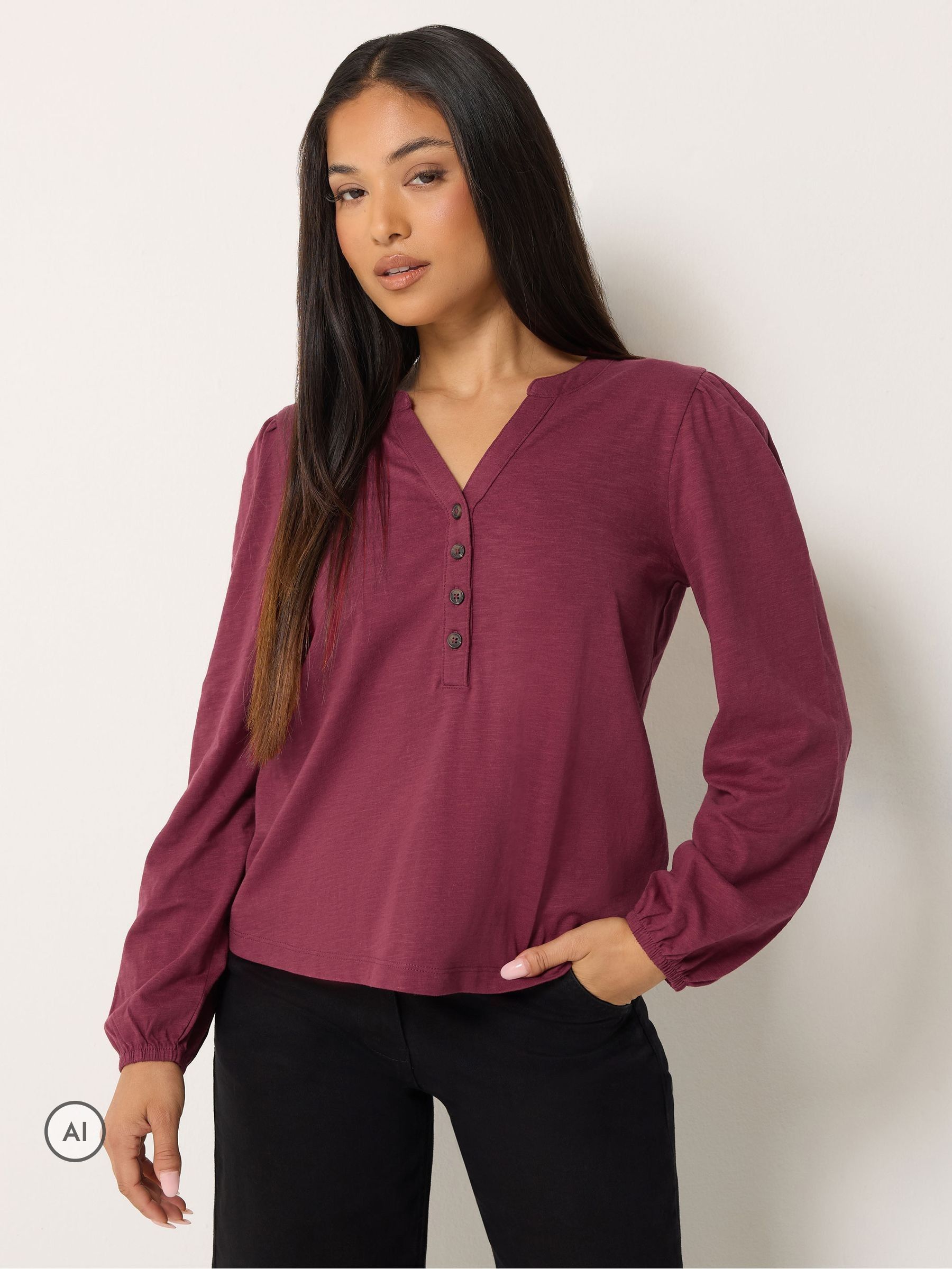 M&Co Women's Dark Red Petite Half Placket Cotton Long Sleeve Top In | : Size 18 - Image 2