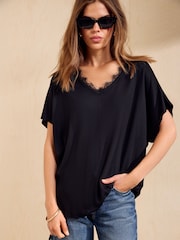 Friends Like These Black Lace Trim Short Sleeve Tunic - Image 1 of 6