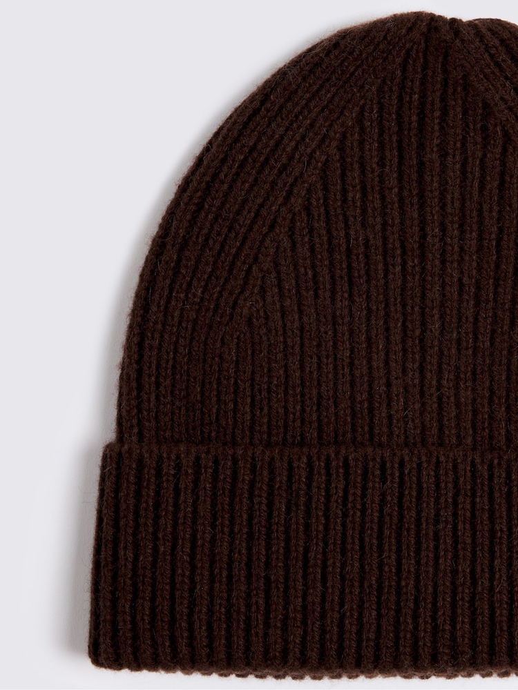 MOSS Brown Cashmere Blend Ribbed Beanie - Image 2 of 2 MOSS Brown Cashmere Blend Ribbed Beanie - Image 2 of 2