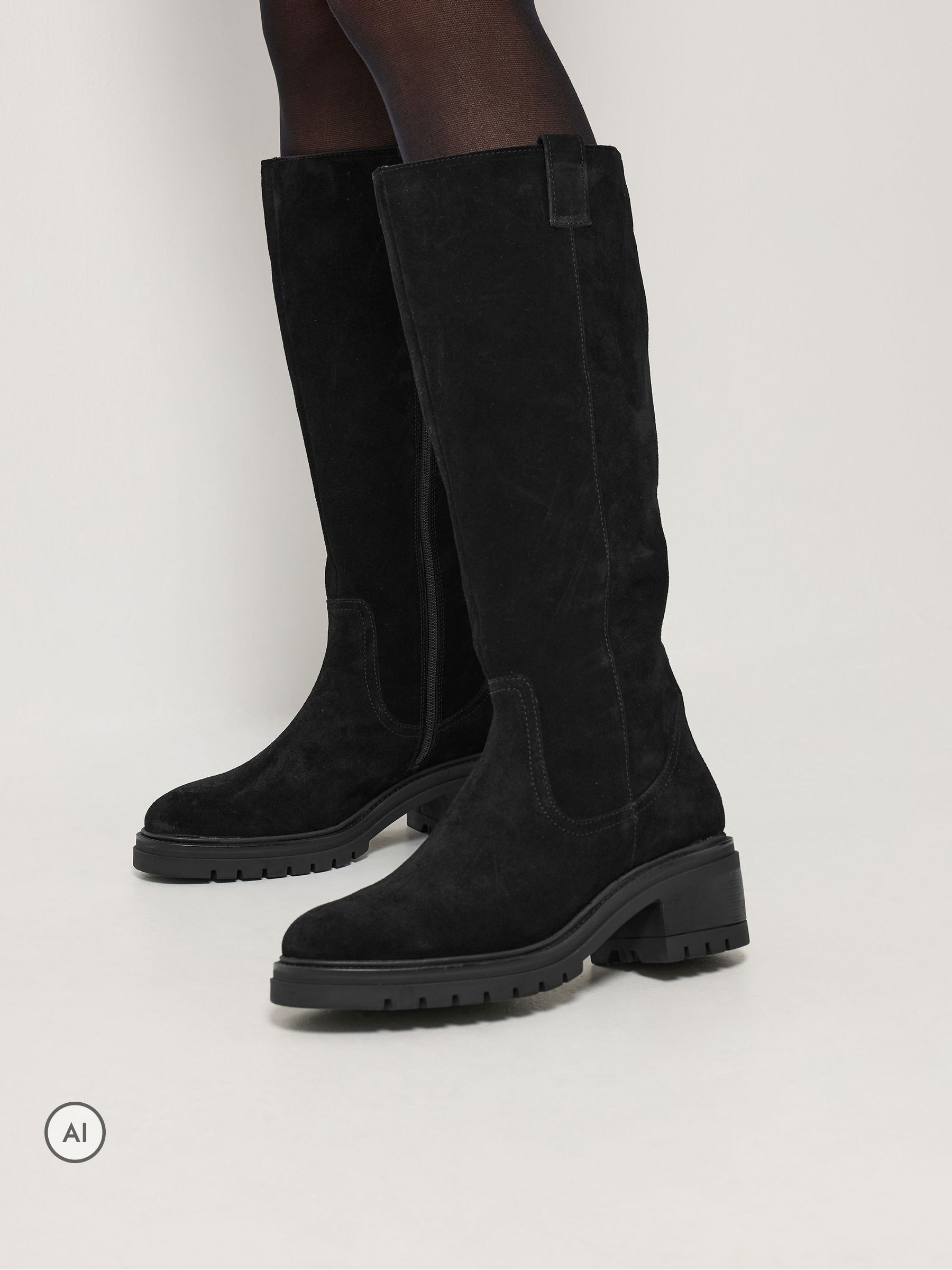 Long Tall Sally Black Suede Block Heel Knee High Boots In Standard Fit - Image 3