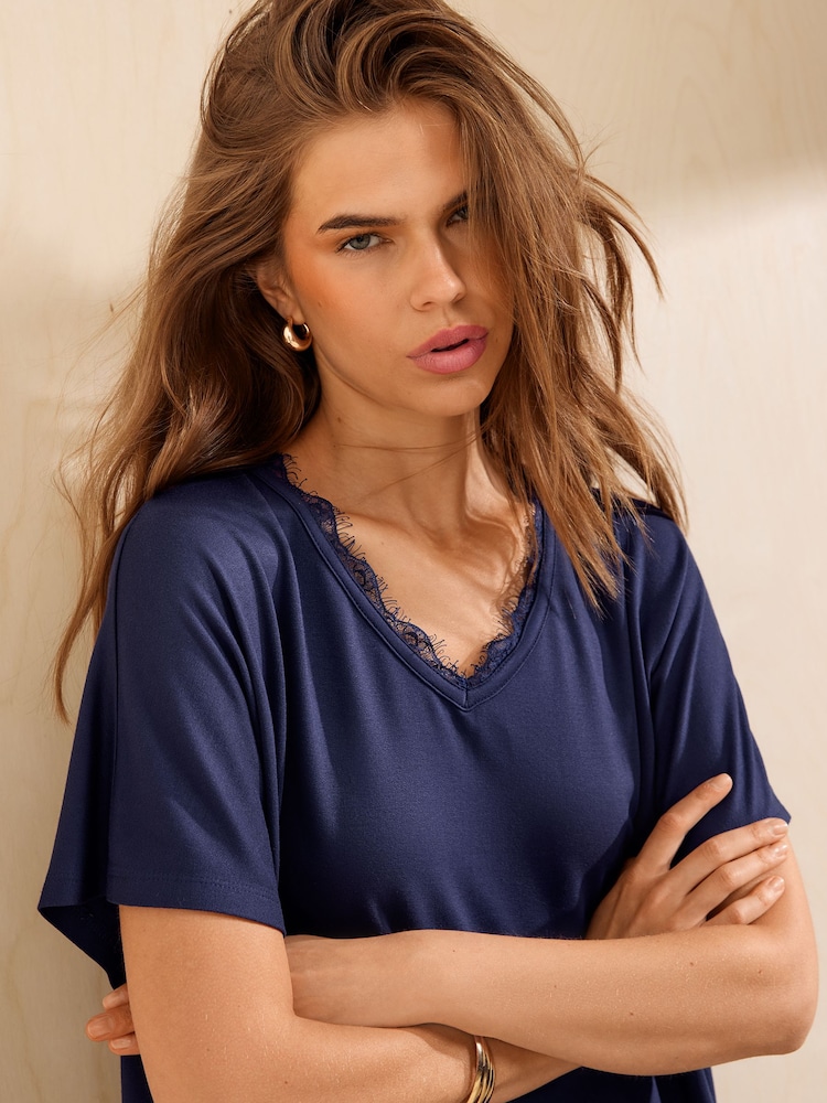 Friends Like These Navy Lace Trim Short Sleeve Tunic - Image 2 of 5