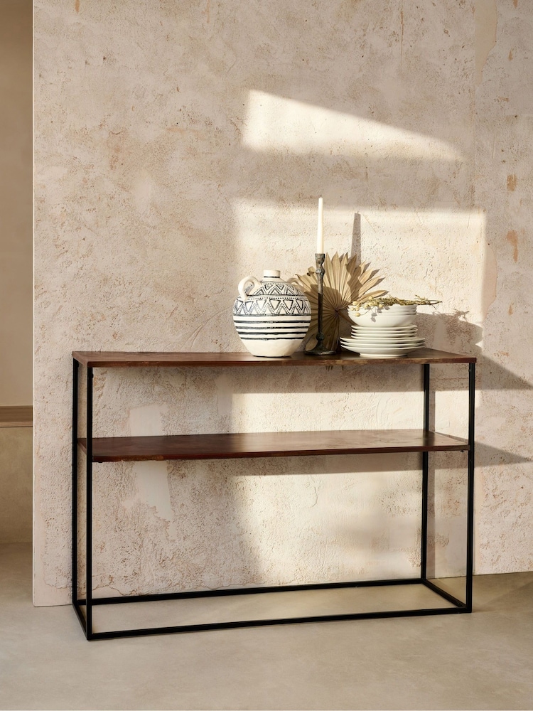 French Connection Black Mango Wood Antique Finish Console Table - Image 1 of 5