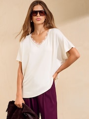 Friends Like These Ivory Lace Trim Short Sleeve Tunic - Image 1 of 5