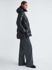Reiss Black Rae Shiny Mid Length Puffer Coat - Image 1 of 5