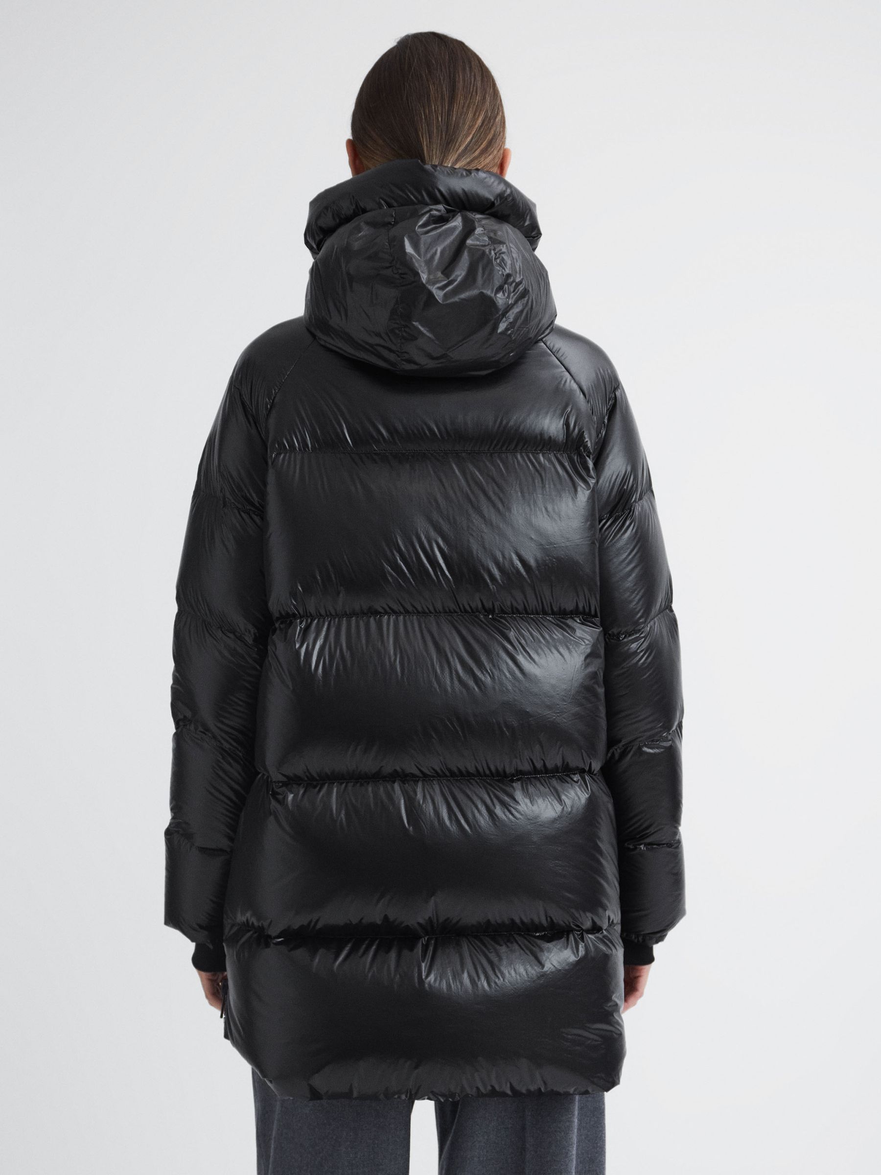 Shiny black long puffer coat deals