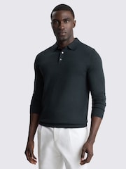 MOSS Blue Merino Wool Blend Long-Sleeve Polo Shirt - Image 1 of 4
