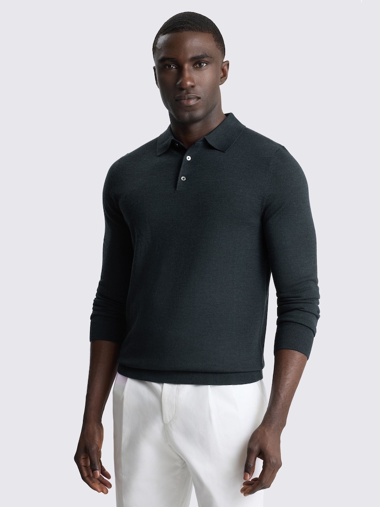 MOSS Blue Merino Wool Blend Long-Sleeve Polo Shirt - Image 1 of 4 MOSS Blue Merino Wool Blend Long-Sleeve Polo Shirt - Image 1 of 4