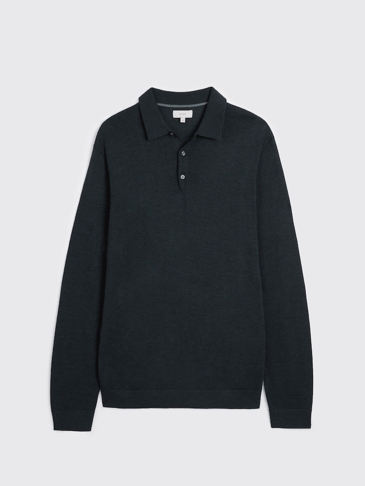 MOSS Blue Merino Wool Blend Long-Sleeve Polo Shirt - Image 4 of 4 MOSS Blue Merino Wool Blend Long-Sleeve Polo Shirt - Image 4 of 4