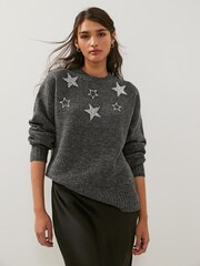 Charcoal Grey Star Embellished Crew Neck Jumper - Image 1 of 6