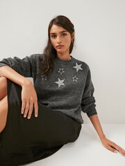 Charcoal Grey Star Embellished Crew Neck Jumper - Image 2 of 6