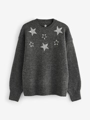 Charcoal Grey Star Embellished Crew Neck Jumper - Image 5 of 6