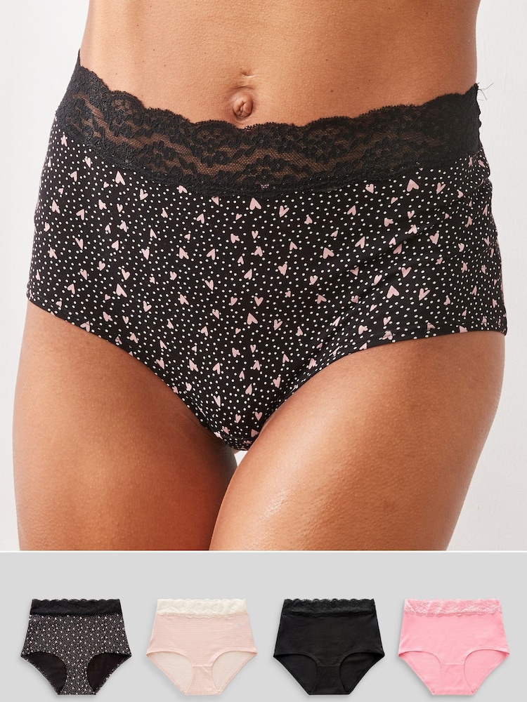 Black/Pink Heart Print Full Brief Lace Knickers 4 Pack - Image 1 of 8