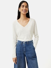 Jigsaw White Linen Cotton V-Neck Jumper - Image 1 of 6