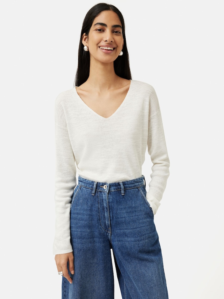 Jigsaw White Linen Cotton V-Neck Jumper - Image 1 of 6