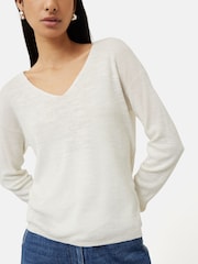 Jigsaw White Linen Cotton V-Neck Jumper - Image 5 of 6