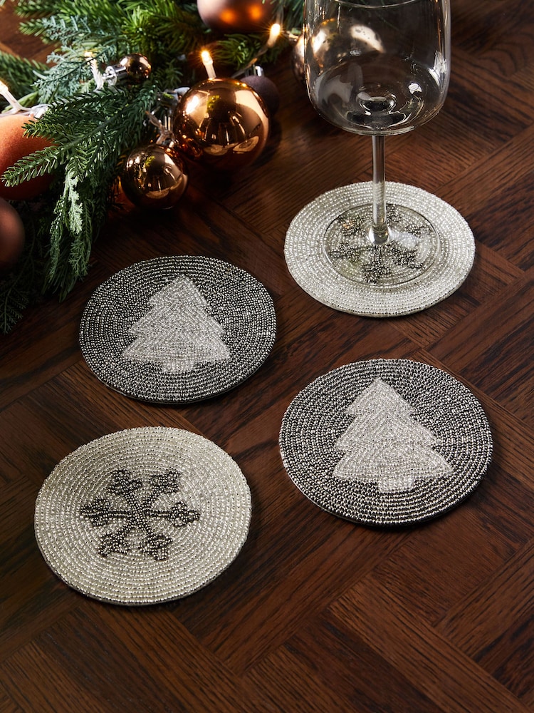 Set of 4 Silver Christmas Icon Beaded Coasters - Image 1 of 3