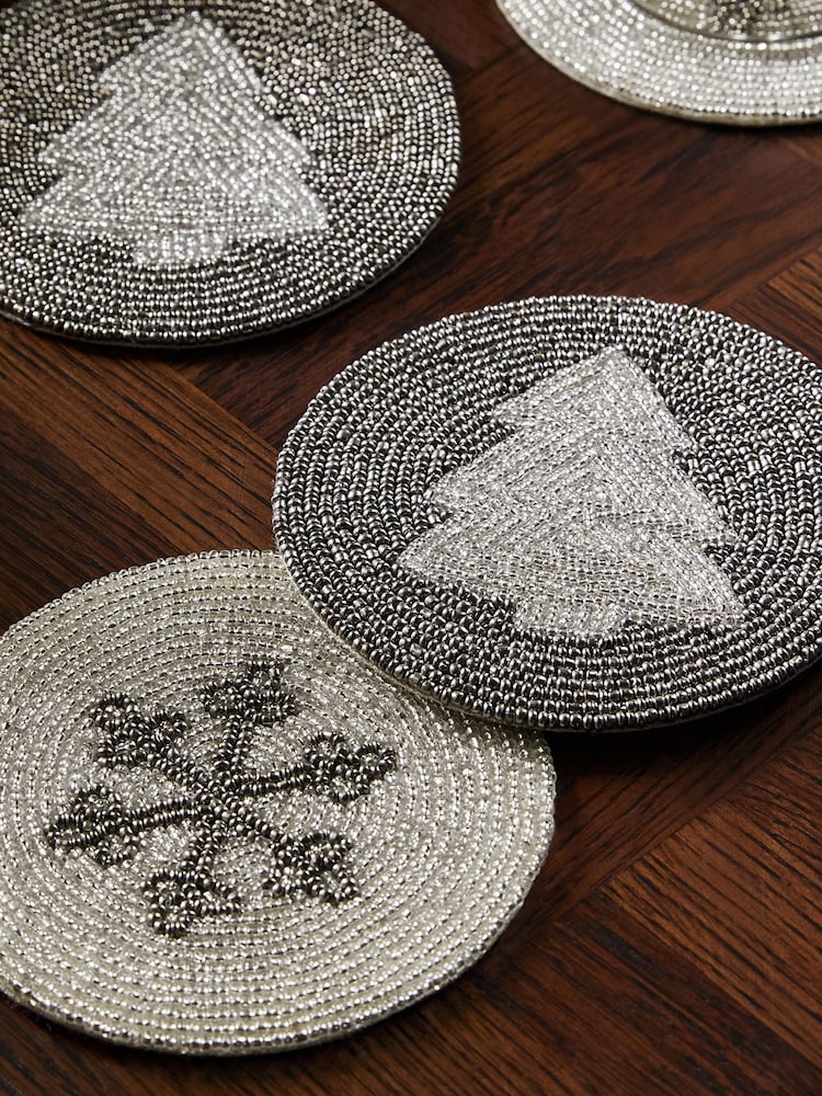 Set of 4 Silver Christmas Icon Beaded Coasters - Image 2 of 3