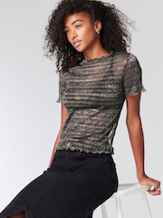 Silver Sheer Metallic Sparkle Short Sleeve T-Shirt - Image 1 of 5