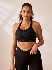 Black Active Sports Zip Front Dry Tech High Impact Bra DD+ - Image 2 of 7