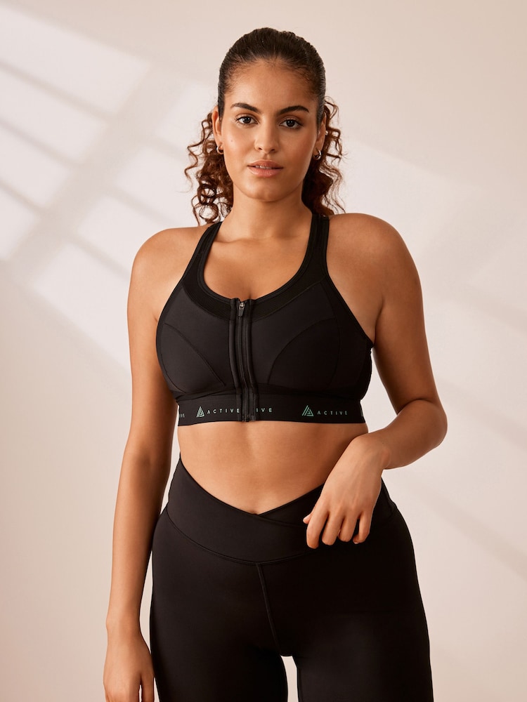 Black Active Sports Zip Front Dry Tech High Impact Bra DD+ - Image 2 of 7