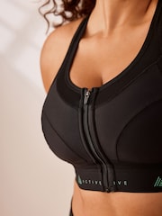 Black Active Sports Zip Front Dry Tech High Impact Bra DD+ - Image 3 of 7