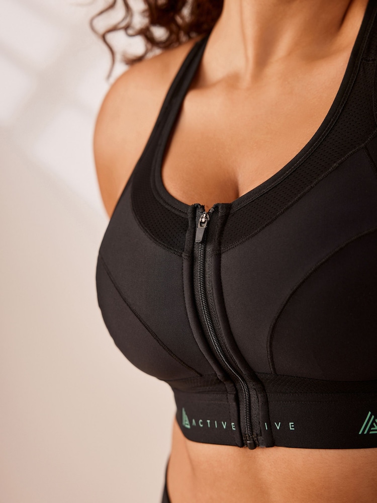 Black Active Sports Zip Front Dry Tech High Impact Bra DD+ - Image 3 of 7