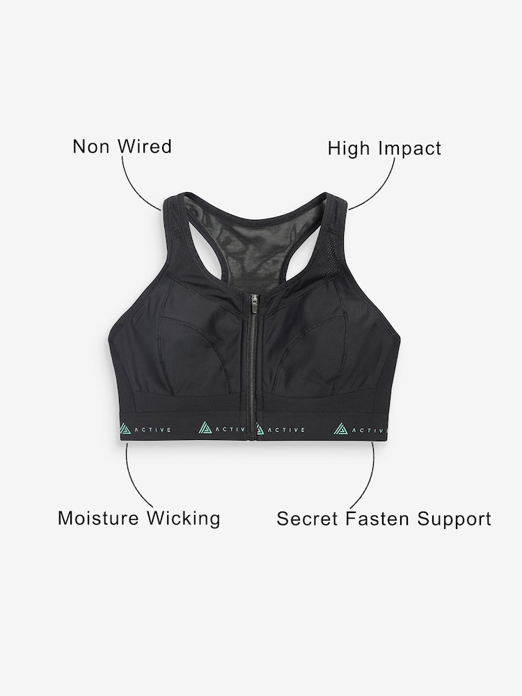 Black Active Sports Zip Front Dry Tech High Impact Bra DD+ - Image 5 of 7