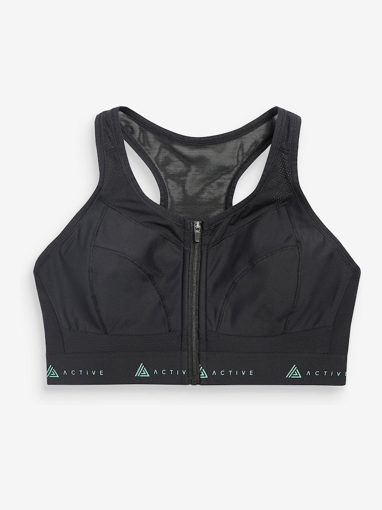 Black Active Sports Zip Front Dry Tech High Impact Bra DD+ - Image 6 of 7