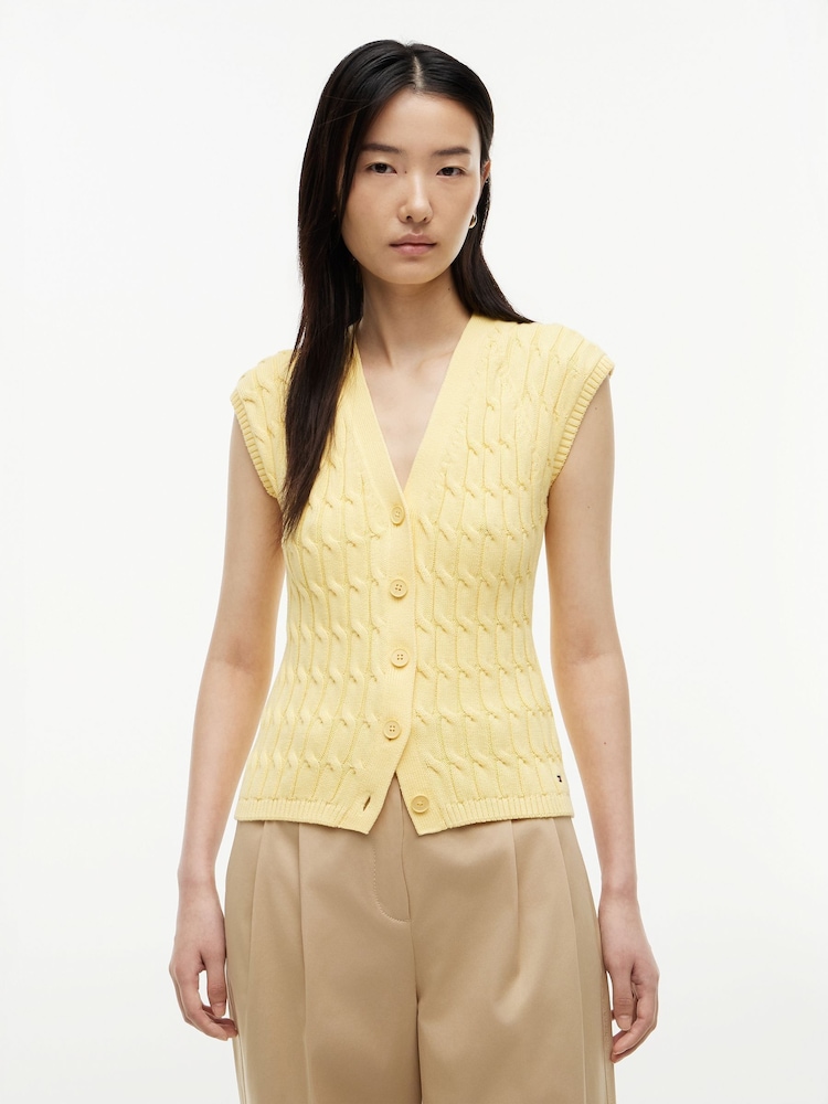 Tommy Hilfiger Yellow Cable Knit Slim Cap Sleeve Cardigan - Image 1 of 5 Tommy Hilfiger Yellow Cable Knit Slim Cap Sleeve Cardigan - Image 1 of 5