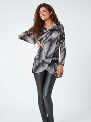 Roman Black Abstract Print Cowl Neck Stretch Top - Image 1 of 5