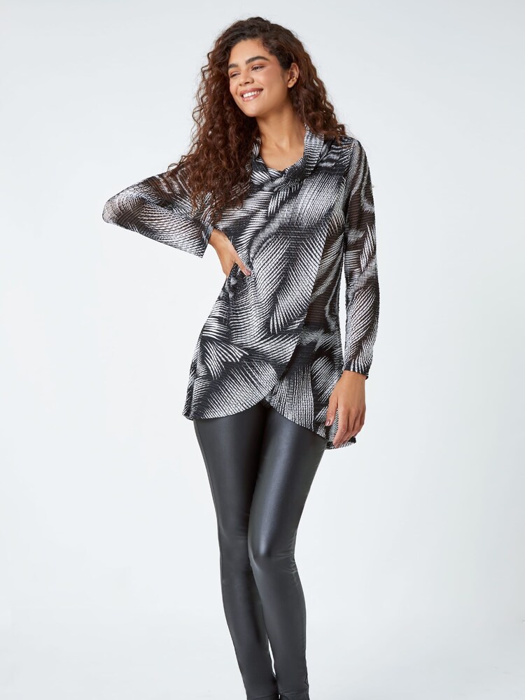 Roman Black Abstract Print Cowl Neck Stretch Top - Image 1 of 5