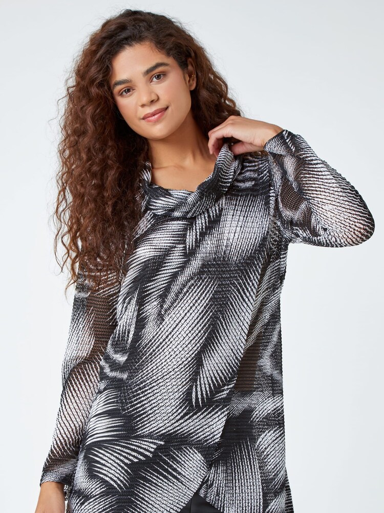 Roman Black Abstract Print Cowl Neck Stretch Top - Image 2 of 5