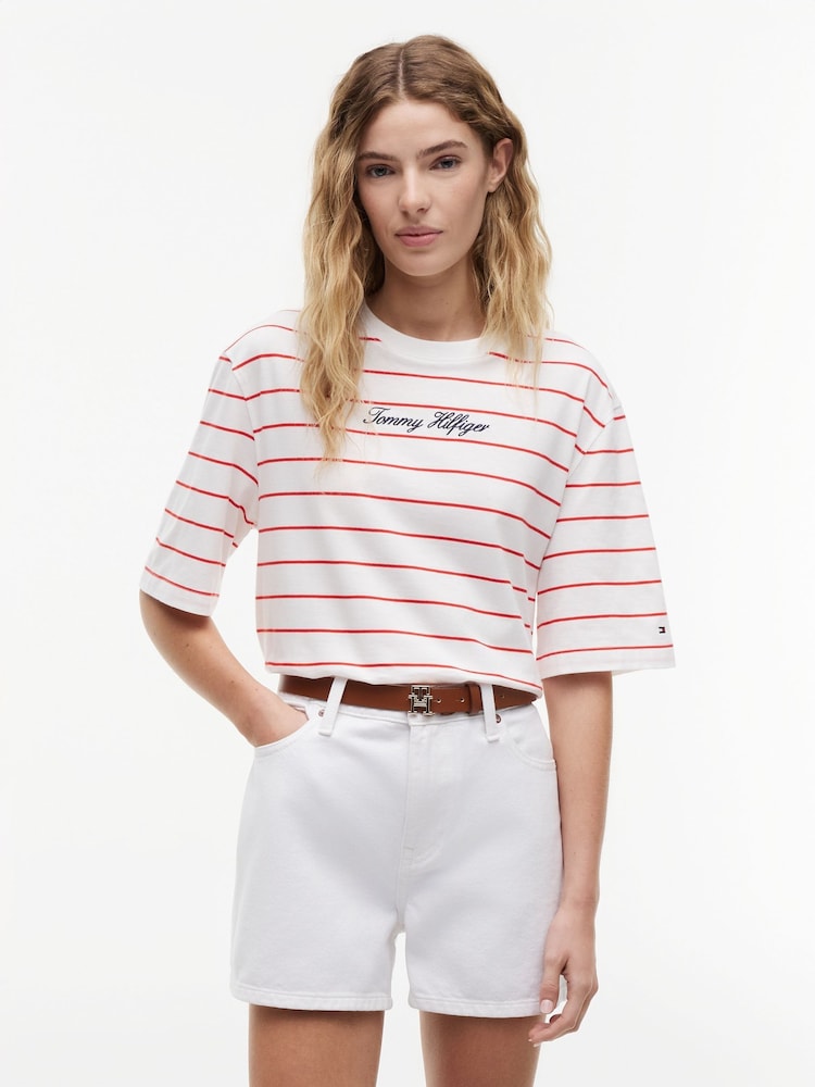 Tommy Hilfiger Red Logo Embroidery Relaxed Crew Neck T-Shirt - Image 1 of 5 Tommy Hilfiger Red Logo Embroidery Relaxed Crew Neck T-Shirt - Image 1 of 5
