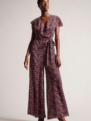 Ted Baker Surya Black Ruffle Front Wide Leg Jumpsuit - Image 1 of 5