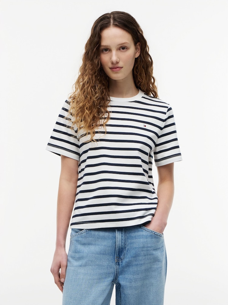 Tommy Hilfiger Blue Boxy Interlock Knit T-Shirt - Image 1 of 5 Tommy Hilfiger Blue Boxy Interlock Knit T-Shirt - Image 1 of 5
