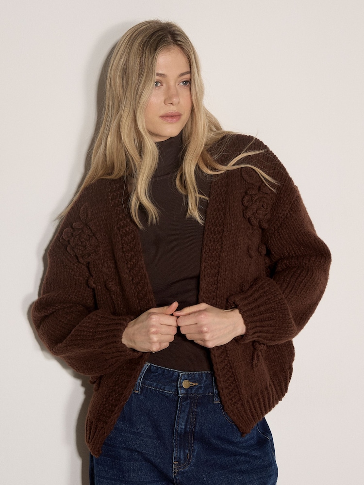 Apricot Brown Rose Applique Chunky Knit Cardigan - Image 2 of 4