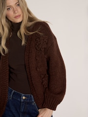 Apricot Brown Rose Applique Chunky Knit Cardigan - Image 4 of 4