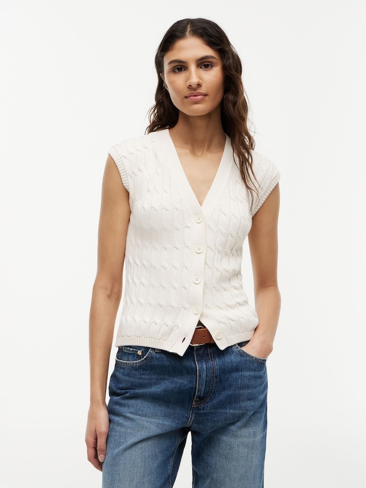 Tommy Hilfiger Cream Cable Knit Slim Cap Sleeve Cardigan - Image 1 of 5 Tommy Hilfiger Cream Cable Knit Slim Cap Sleeve Cardigan - Image 1 of 5
