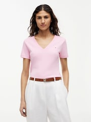 Tommy Hilfiger Pink Flag Embroidery Slim V-Neck T-Shirt - Image 1 of 5