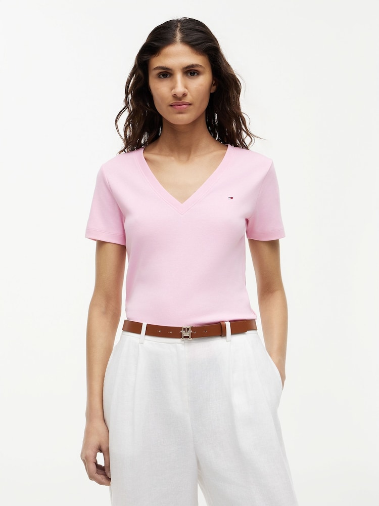 Tommy Hilfiger Pink Flag Embroidery Slim V-Neck T-Shirt - Image 1 of 5 Tommy Hilfiger Pink Flag Embroidery Slim V-Neck T-Shirt - Image 1 of 5