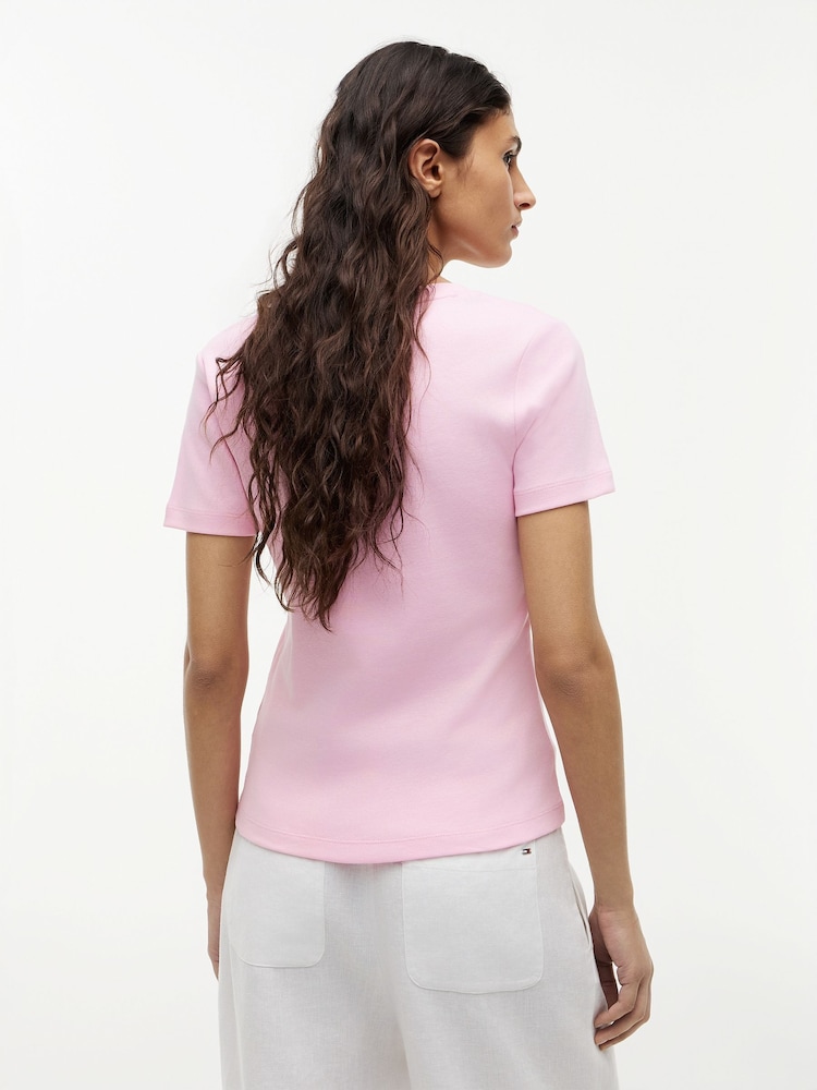 Tommy Hilfiger Pink Flag Embroidery Slim V-Neck T-Shirt - Image 2 of 5 Tommy Hilfiger Pink Flag Embroidery Slim V-Neck T-Shirt - Image 2 of 5