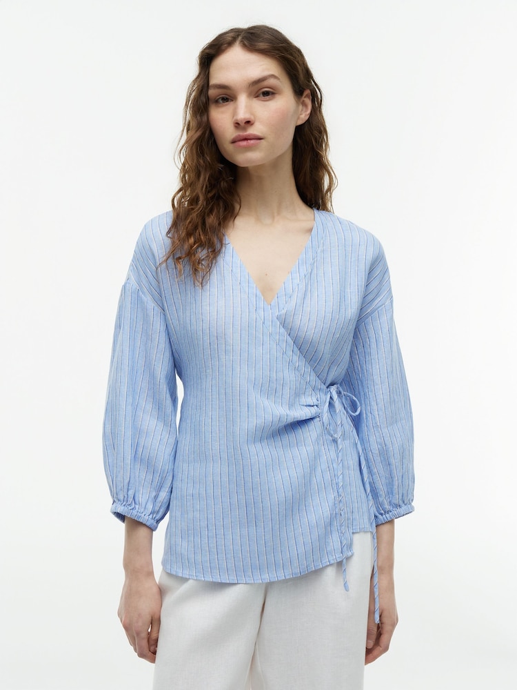 Tommy Hilfiger Blue Relaxed Fit Pure Linen Wrap Blouse - Image 1 of 5 Tommy Hilfiger Blue Relaxed Fit Pure Linen Wrap Blouse - Image 1 of 5