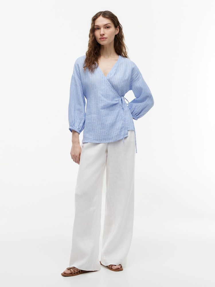 Tommy Hilfiger Blue Relaxed Fit Pure Linen Wrap Blouse - Image 2 of 5 Tommy Hilfiger Blue Relaxed Fit Pure Linen Wrap Blouse - Image 2 of 5