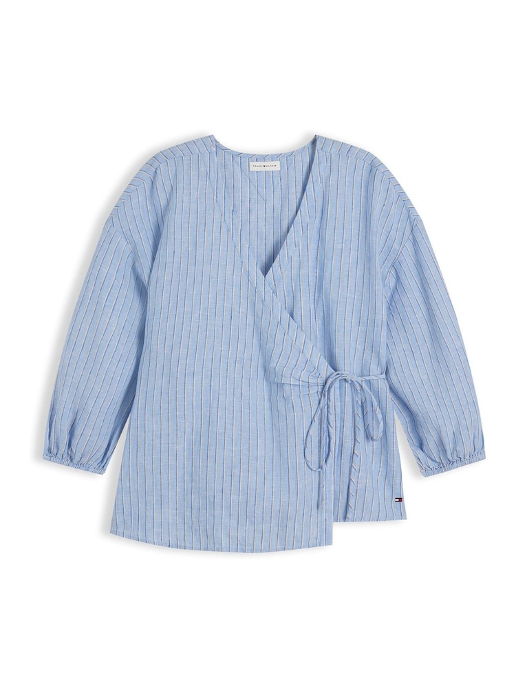 Tommy Hilfiger Blue Relaxed Fit Pure Linen Wrap Blouse - Image 5 of 5 Tommy Hilfiger Blue Relaxed Fit Pure Linen Wrap Blouse - Image 5 of 5