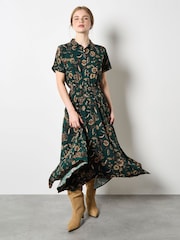 Apricot Green Sarasa Floral Shirt Midi Dress - Image 1 of 4