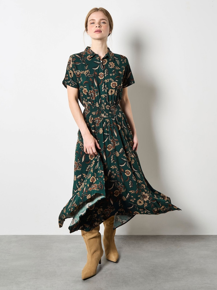 Apricot Green Sarasa Floral Shirt Midi Dress - Image 1 of 4 Apricot Green Sarasa Floral Shirt Midi Dress - Image 1 of 4