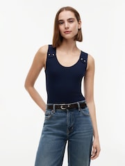 Tommy Hilfiger Blue Gold-Tone Button Ribbed Tank Top - Image 1 of 5