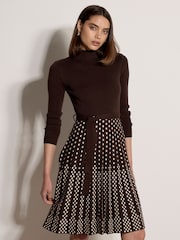 Apricot Ribbed Knit Polka Dot Midi Dress - Imaginea 1 din 4