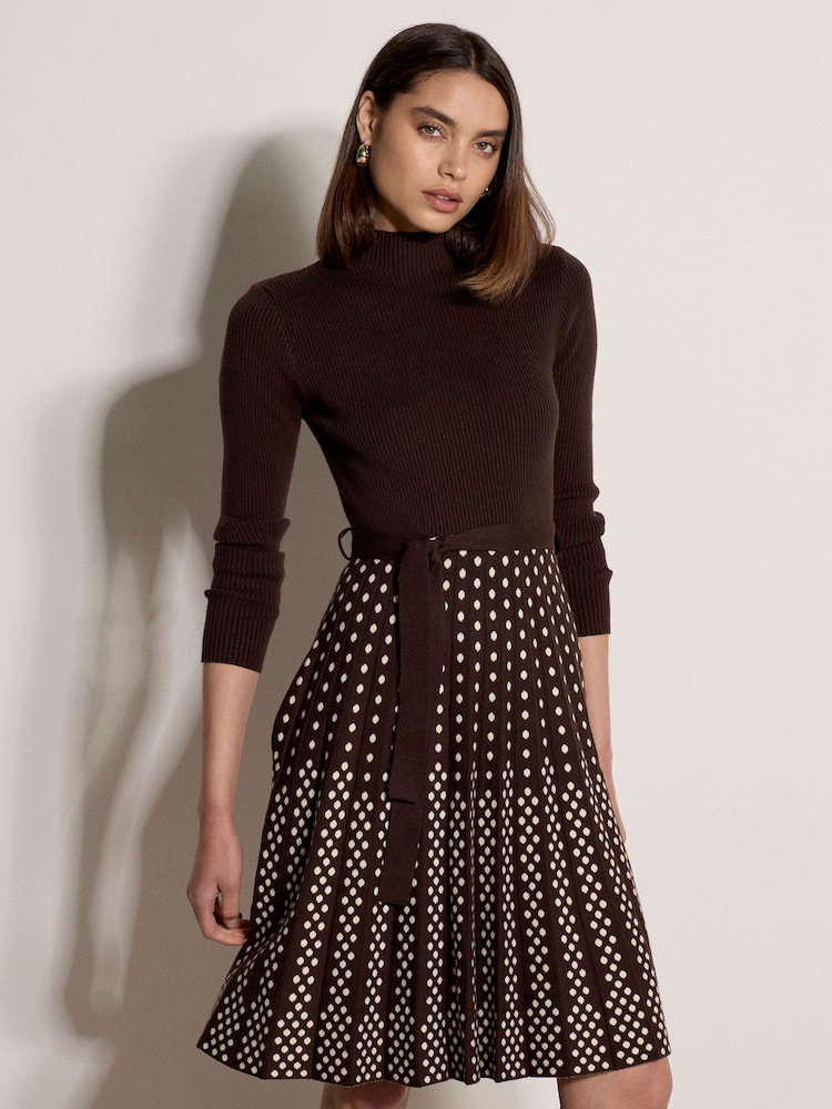 Apricot Ribbed Knit Polka Dot Midi Dress - Imaginea 1 din 4
